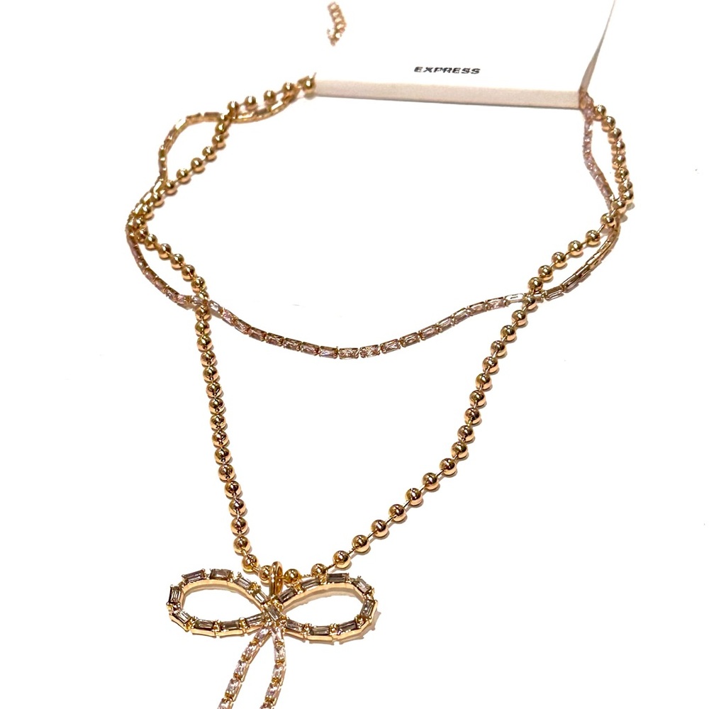 EXPRESS Gold & Baguette Rhinestone/Crystal Bow Layered Necklace NWT - Picture 3 of 14